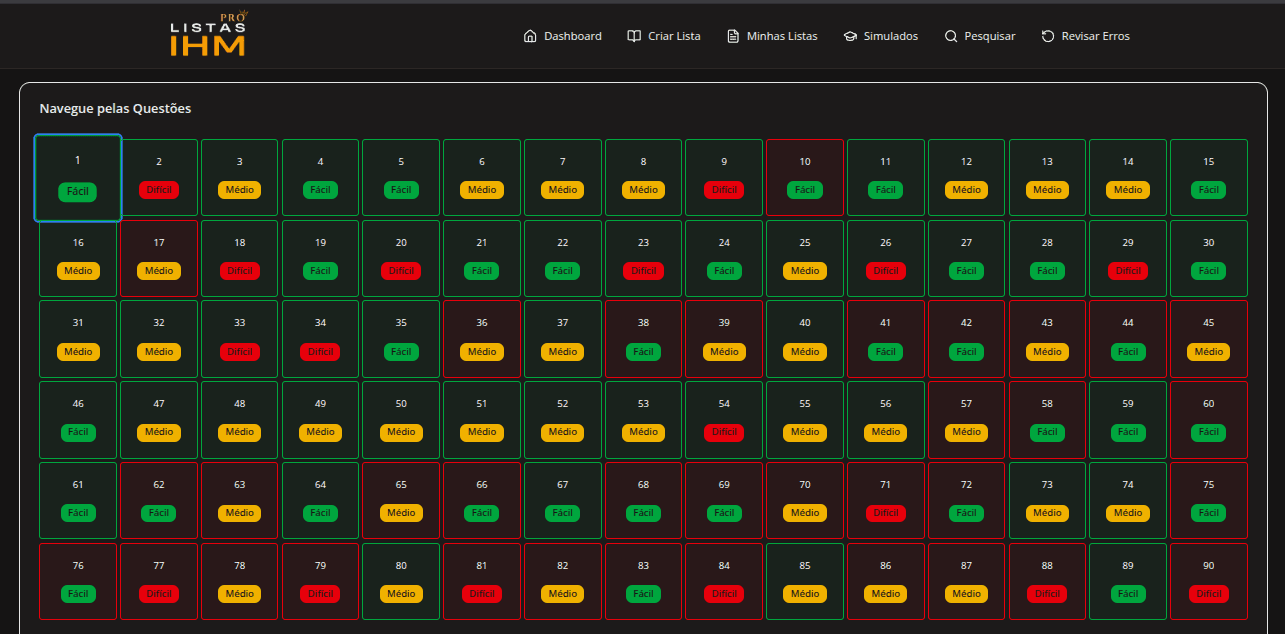Interface mostrando classificação de dificuldade das questões